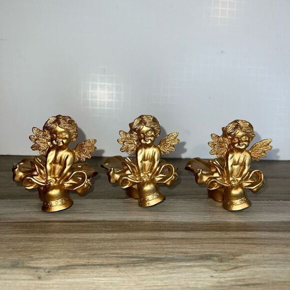 Vintage Ornate Cherub Candle Holder Angels Set 3 Gold Tone Hollywood Regency - Picture 1 of 7